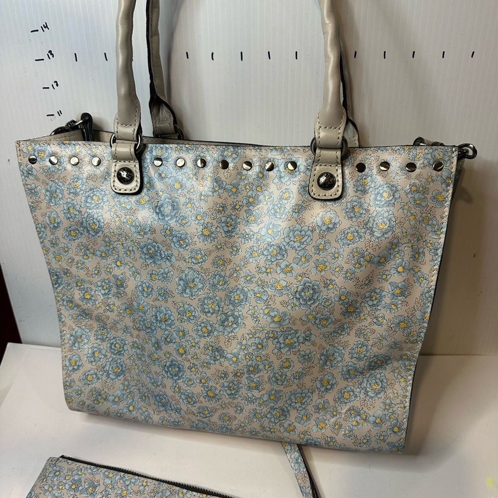 Studded Floral Tote Bag - Cream and Blue